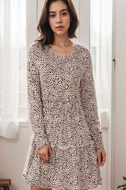 loose leopard print v neck dress drop shoulder a line closed cape paneled 105055