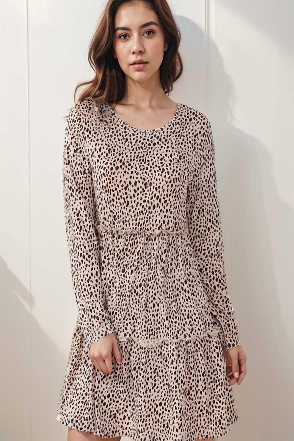 loose leopard print v neck dress drop shoulder a line closed cape paneled 140888