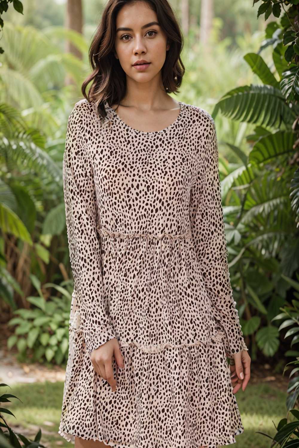 loose leopard print v neck dress drop shoulder a line closed cape paneled 140884