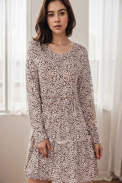 loose leopard print v neck dress drop shoulder a line closed cape paneled 140883