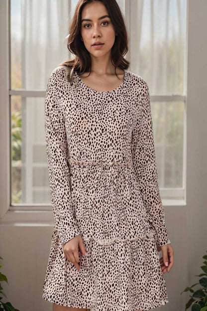 loose leopard print v neck dress drop shoulder a line closed cape paneled 140879