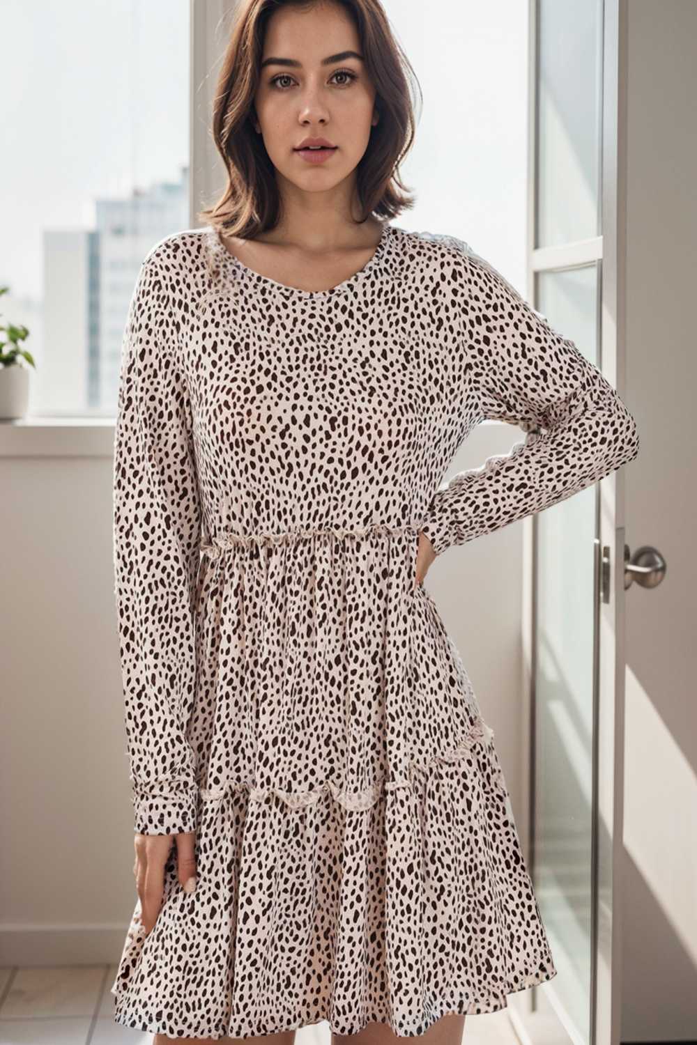 loose leopard print v neck dress drop shoulder a line closed cape paneled 140741