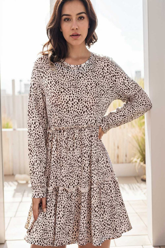 loose leopard print v neck dress drop shoulder a line closed cape paneled 126797