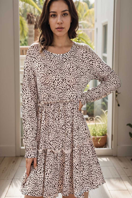 loose leopard print v neck dress drop shoulder a line closed cape paneled 115173