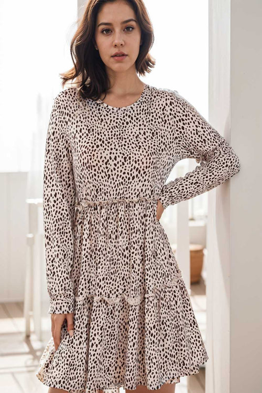 loose leopard print v neck dress drop shoulder a line closed cape paneled 111897