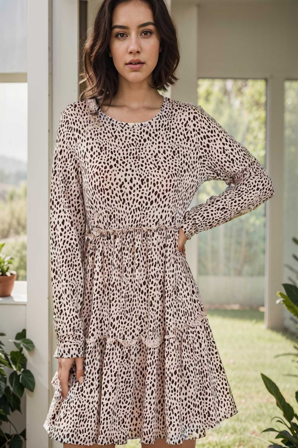 loose leopard print v neck dress drop shoulder a line closed cape paneled 140878