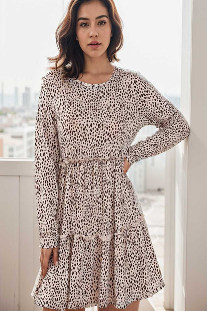 loose leopard print v neck dress drop shoulder a line closed cape paneled 127440