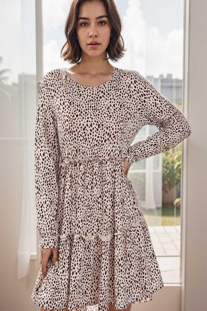 loose leopard print v neck dress drop shoulder a line closed cape paneled 121484