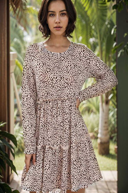 loose leopard print v neck dress drop shoulder a line closed cape paneled 145137