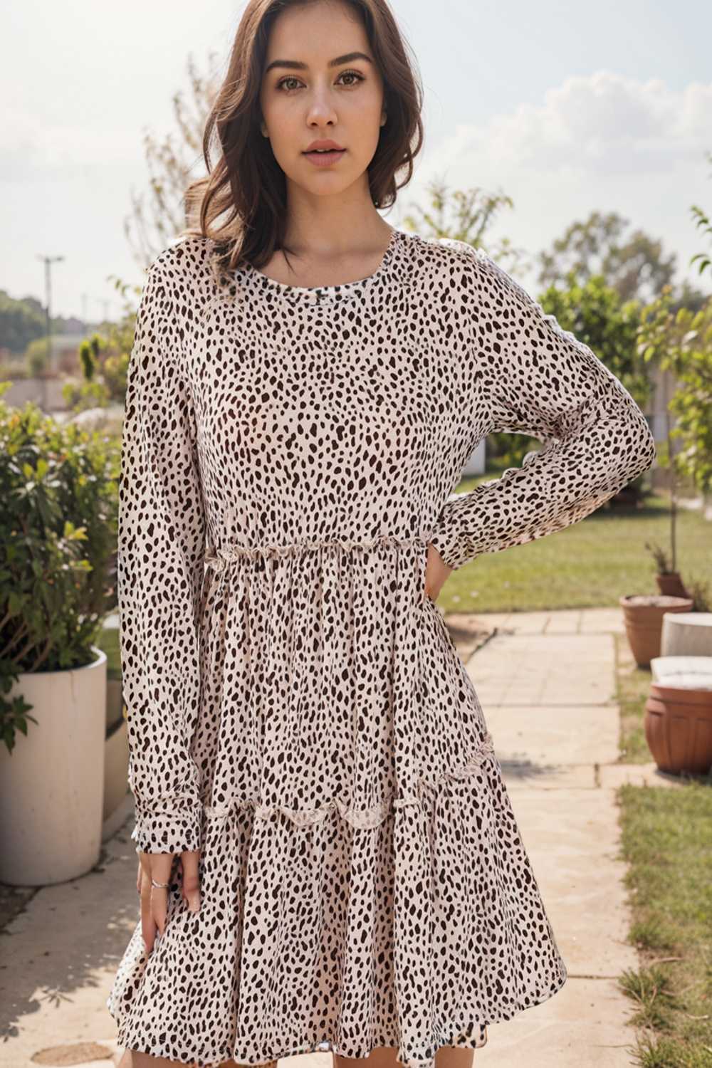 loose leopard print v neck dress drop shoulder a line closed cape paneled 107667