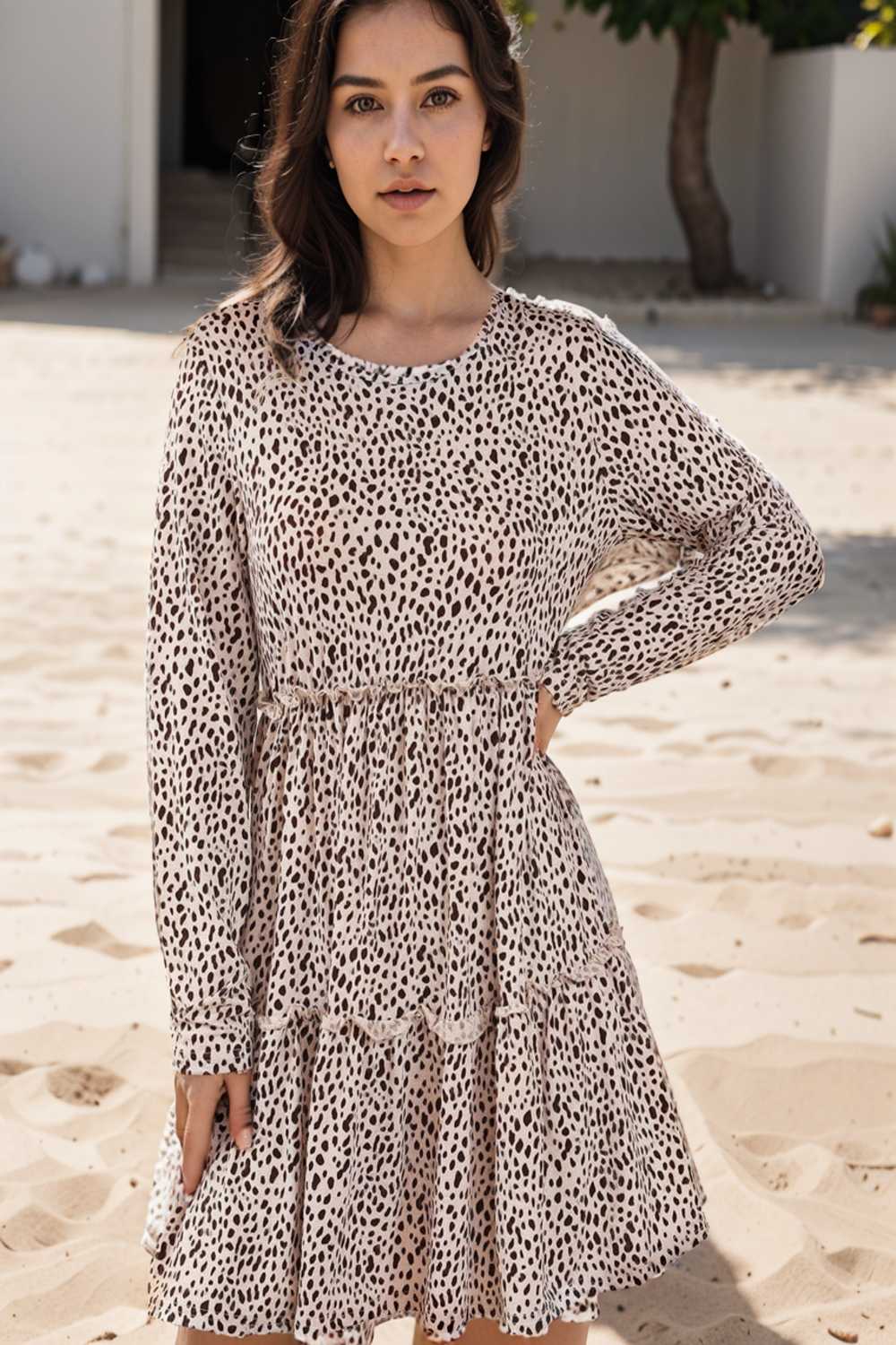 loose leopard print v neck dress drop shoulder a line closed cape paneled 141839