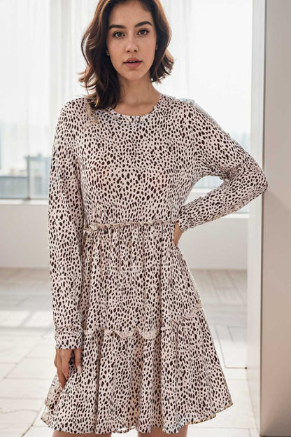 loose leopard print v neck dress drop shoulder a line closed cape paneled 140877