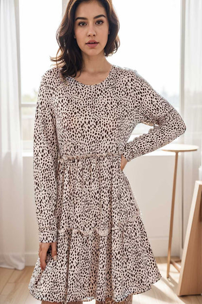 loose leopard print v neck dress drop shoulder a line closed cape paneled 124997