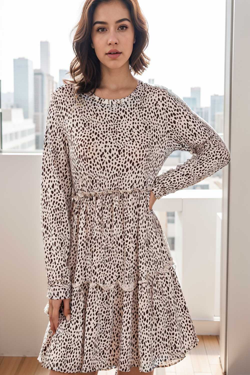 loose leopard print v neck dress drop shoulder a line closed cape paneled 129559