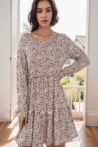 loose leopard print v neck dress drop shoulder a line closed cape paneled 127522