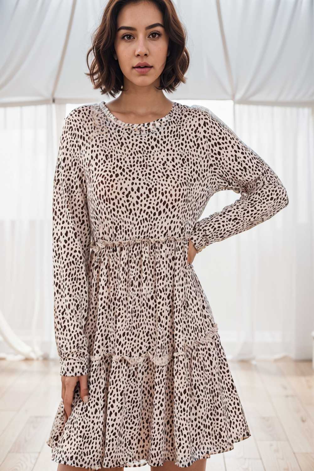 loose leopard print v neck dress drop shoulder a line closed cape paneled 140876