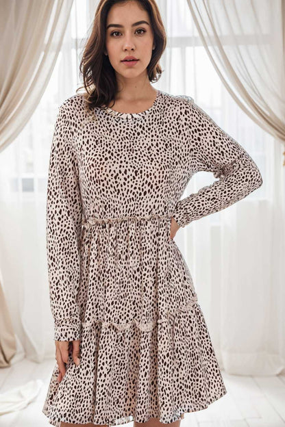 loose leopard print v neck dress drop shoulder a line closed cape paneled 124996