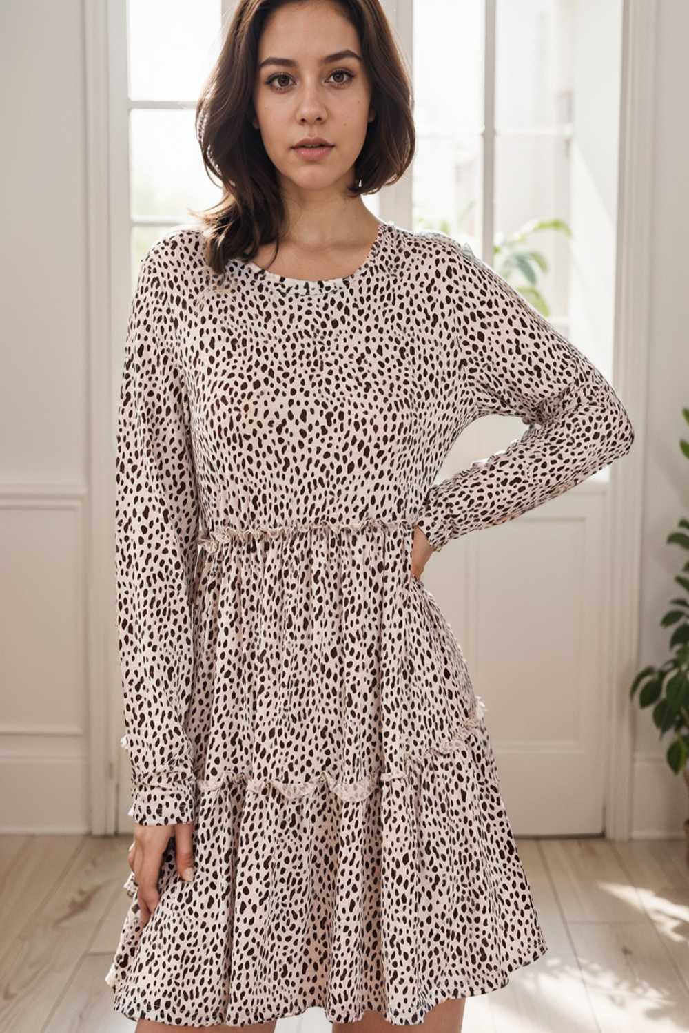 loose leopard print v neck dress drop shoulder a line closed cape paneled 131178