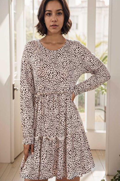loose leopard print v neck dress drop shoulder a line closed cape paneled 132936