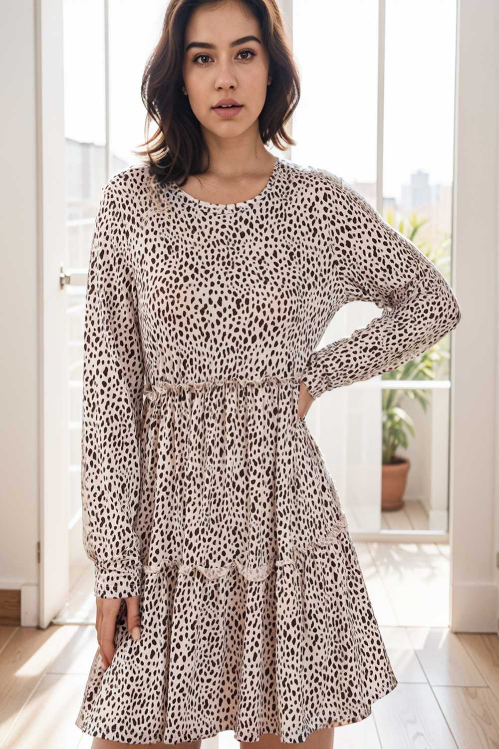 loose leopard print v neck dress drop shoulder a line closed cape paneled 140875