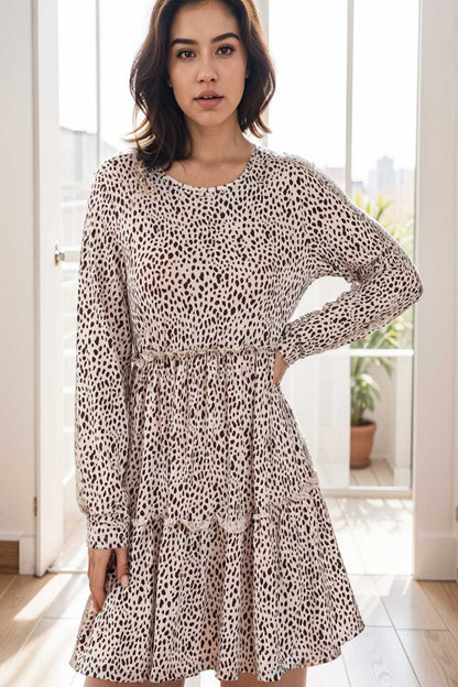 loose leopard print v neck dress drop shoulder a line closed cape paneled 140875