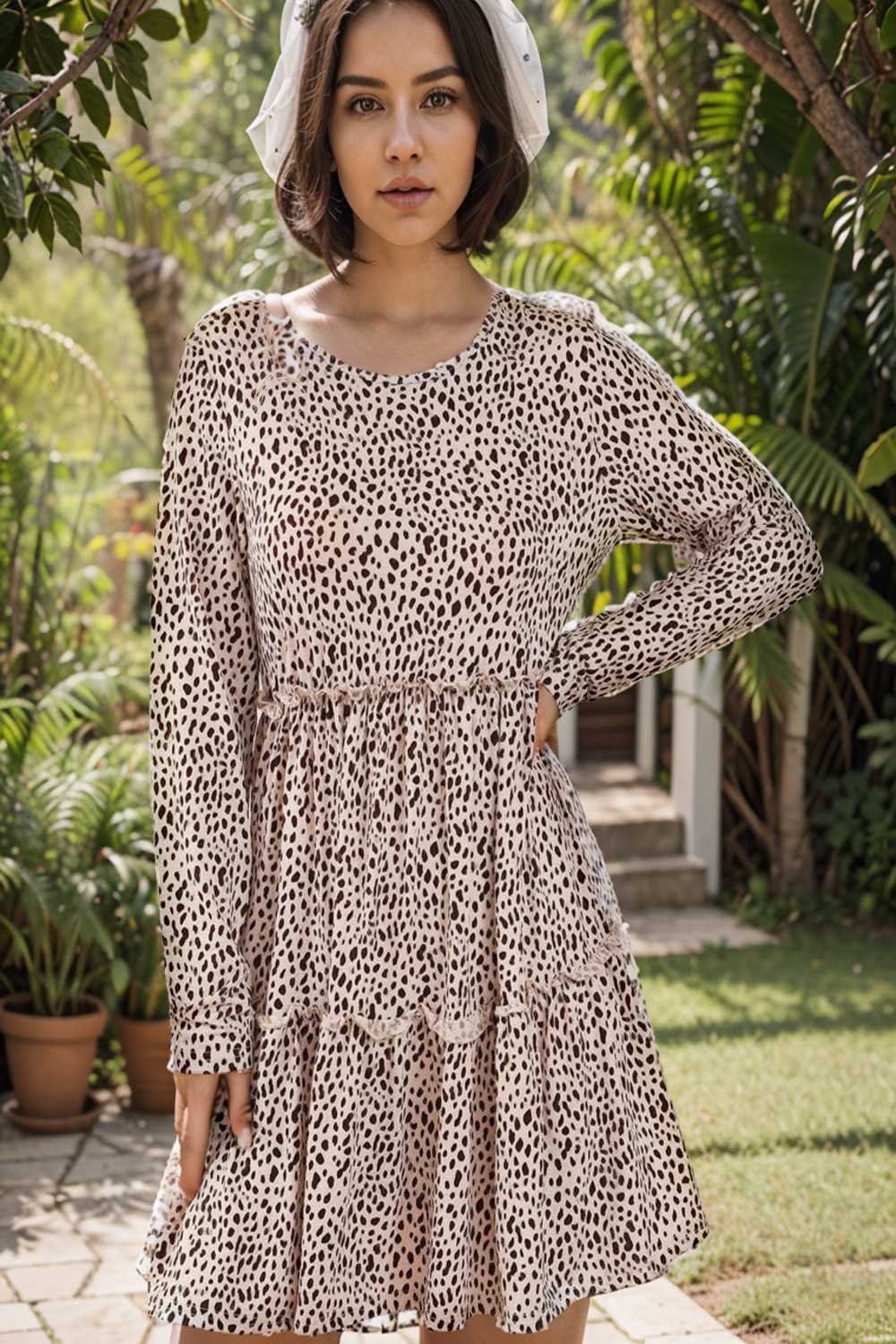 loose leopard print v neck dress drop shoulder a line closed cape paneled 129557