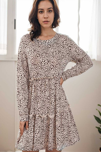 loose leopard print v neck dress drop shoulder a line closed cape paneled 132935