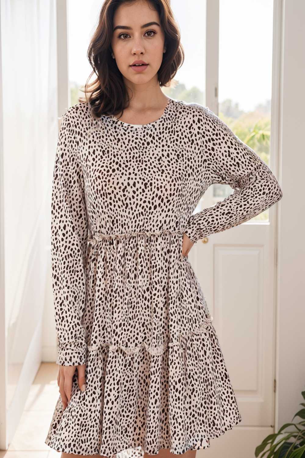 loose leopard print v neck dress drop shoulder a line closed cape paneled 140874