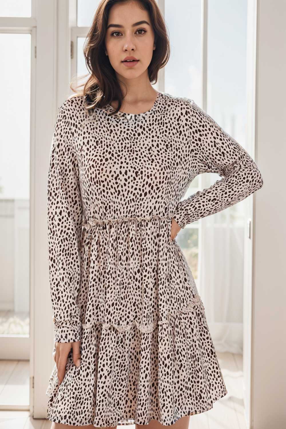 loose leopard print v neck dress drop shoulder a line closed cape paneled 129556