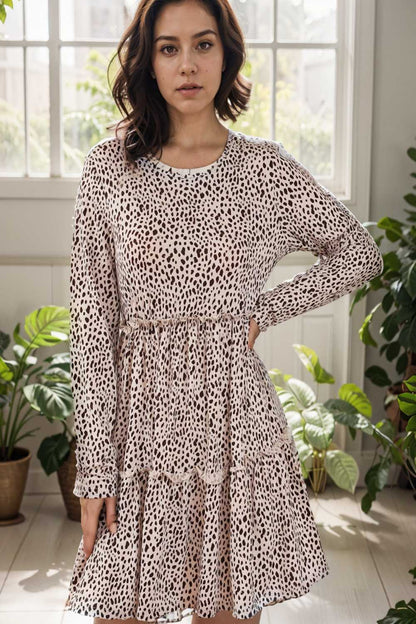loose leopard print v neck dress drop shoulder a line closed cape paneled 133266