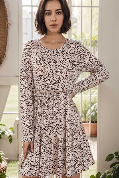 loose leopard print v neck dress drop shoulder a line closed cape paneled 124993
