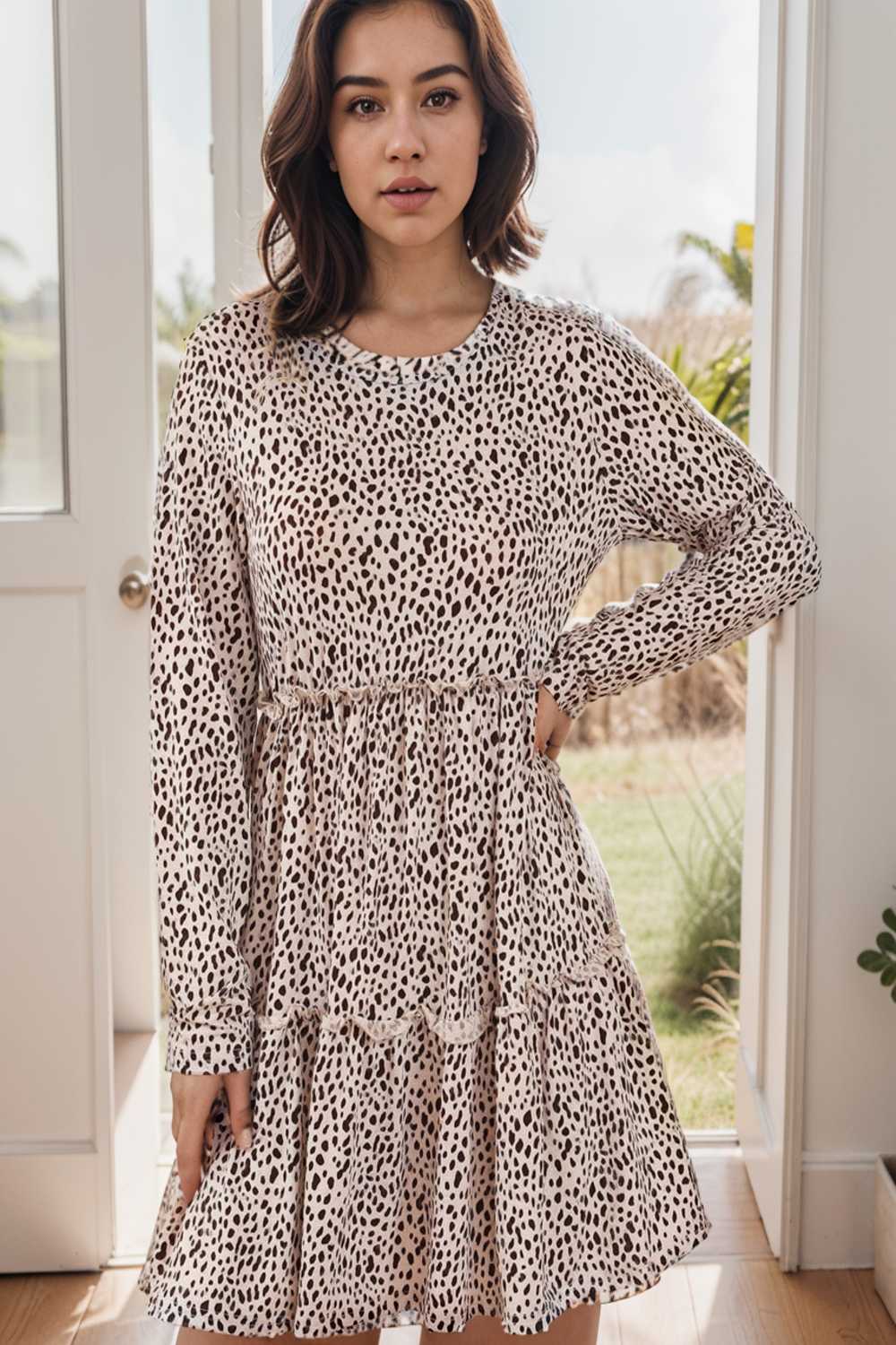 loose leopard print v neck dress drop shoulder a line closed cape paneled 140873