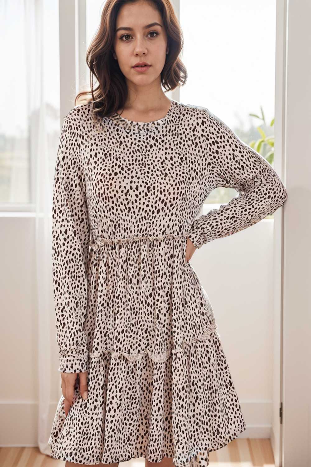 loose leopard print v neck dress drop shoulder a line closed cape paneled 111892