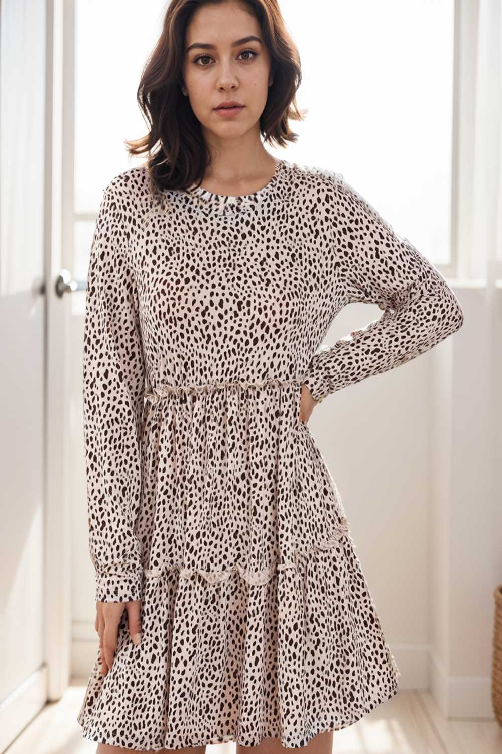 loose leopard print v neck dress drop shoulder a line closed cape paneled 111890