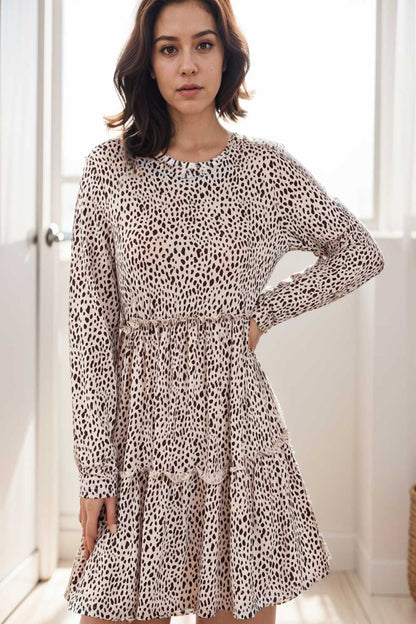 loose leopard print v neck dress drop shoulder a line closed cape paneled 111890
