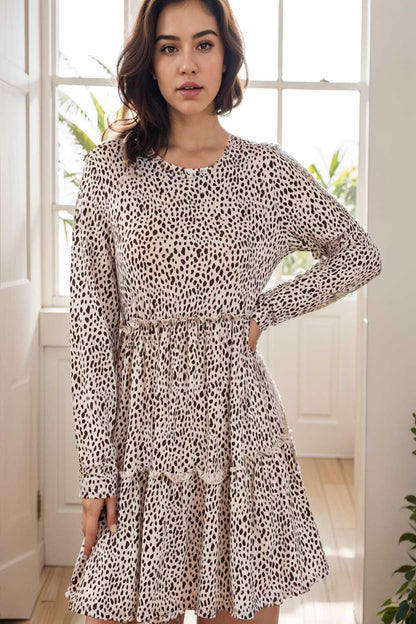 loose leopard print v neck dress drop shoulder a line closed cape paneled 127433