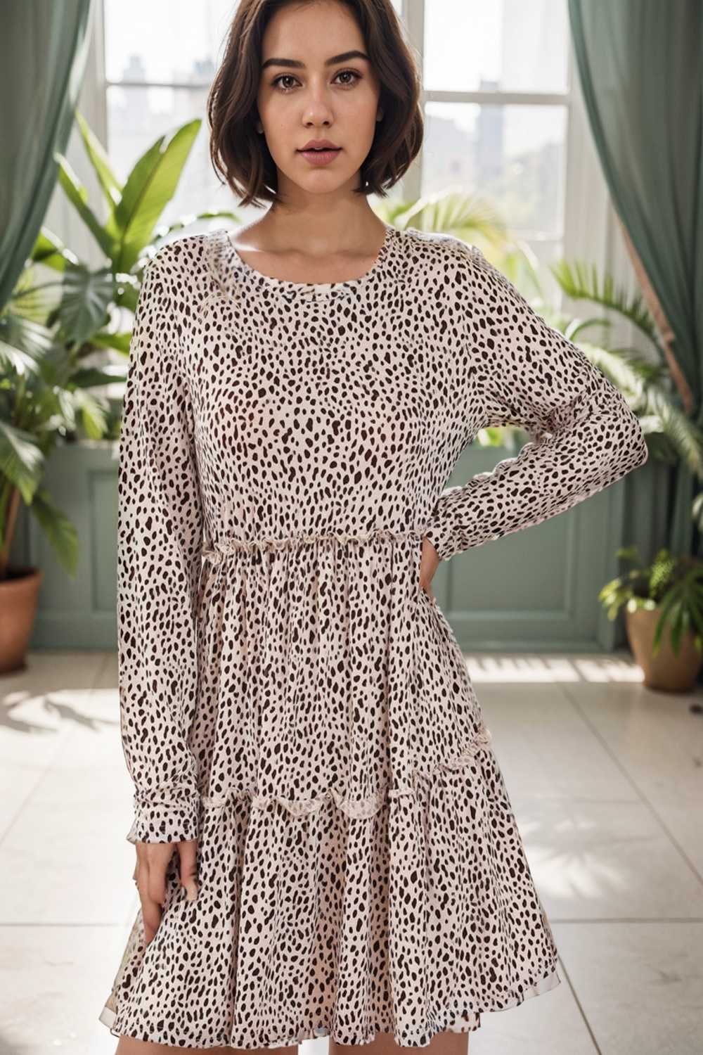 loose leopard print v neck dress drop shoulder a line closed cape paneled 129554