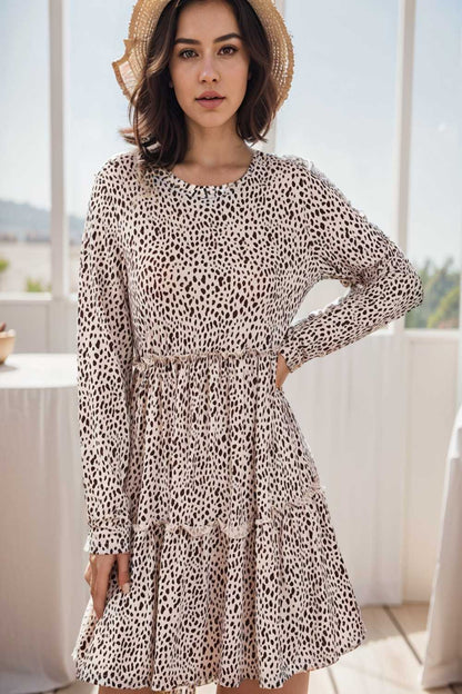 loose leopard print v neck dress drop shoulder a line closed cape paneled 140871