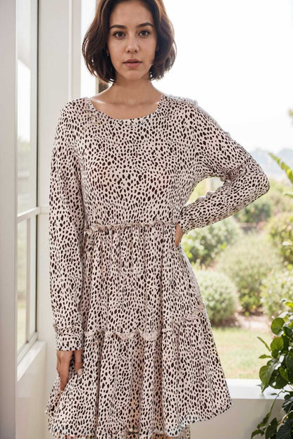 loose leopard print v neck dress drop shoulder a line closed cape paneled 133263
