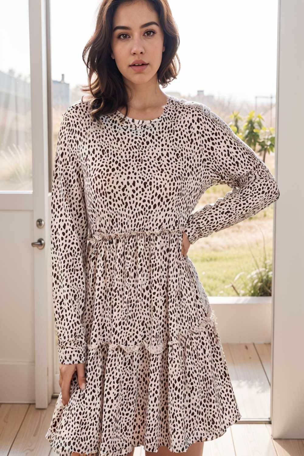 loose leopard print v neck dress drop shoulder a line closed cape paneled 141832