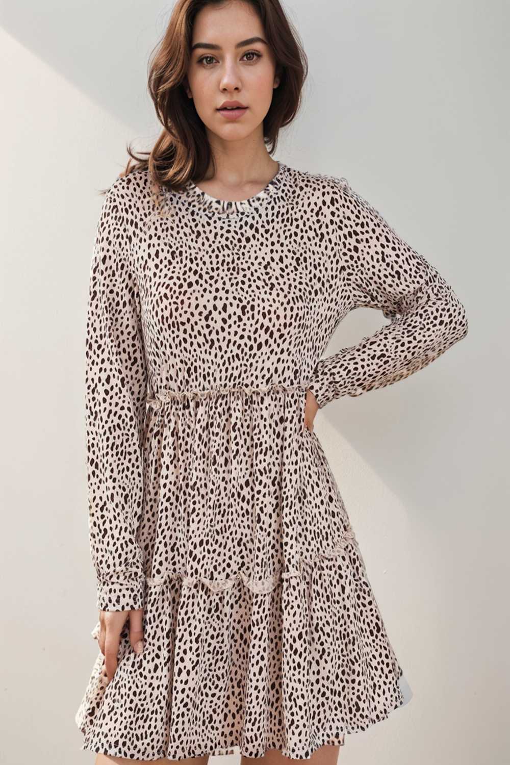 loose leopard print v neck dress drop shoulder a line closed cape paneled 140870