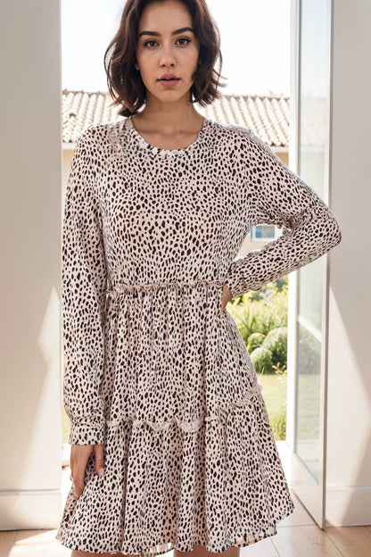 loose leopard print v neck dress drop shoulder a line closed cape paneled 113731