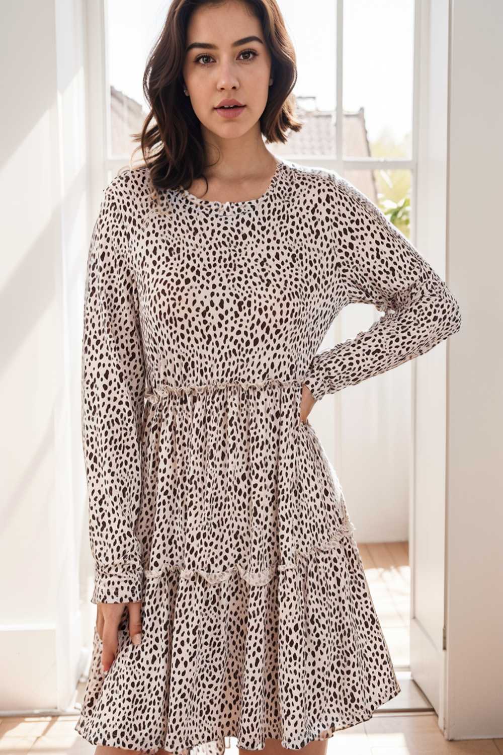 loose leopard print v neck dress drop shoulder a line closed cape paneled 140869