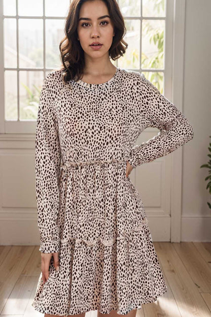 loose leopard print v neck dress drop shoulder a line closed cape paneled 124989