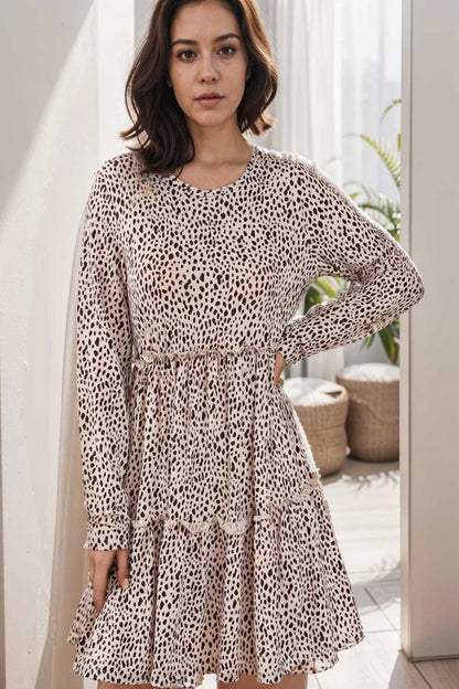 loose leopard print v neck dress drop shoulder a line closed cape paneled 132929