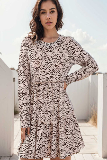 loose leopard print v neck dress drop shoulder a line closed cape paneled 140868