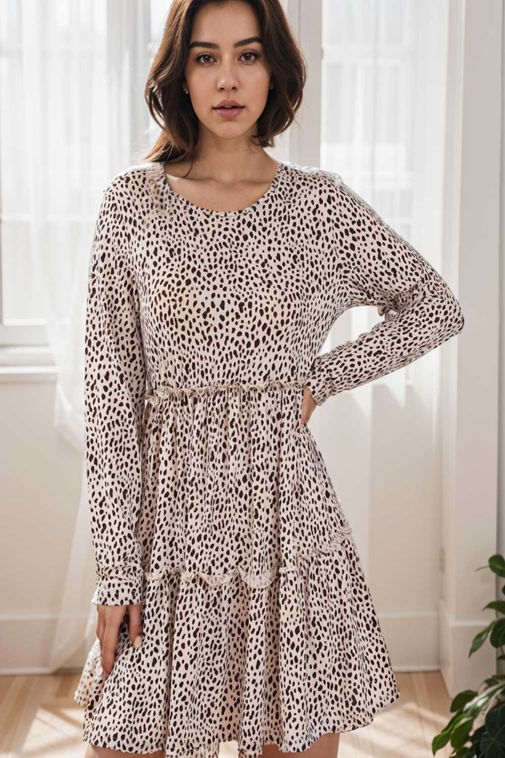 loose leopard print v neck dress drop shoulder a line closed cape paneled 141830