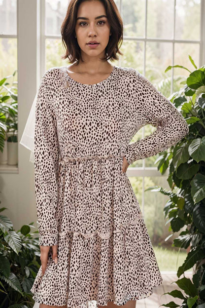 loose leopard print v neck dress drop shoulder a line closed cape paneled 127430