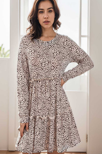 loose leopard print v neck dress drop shoulder a line closed cape paneled 127429