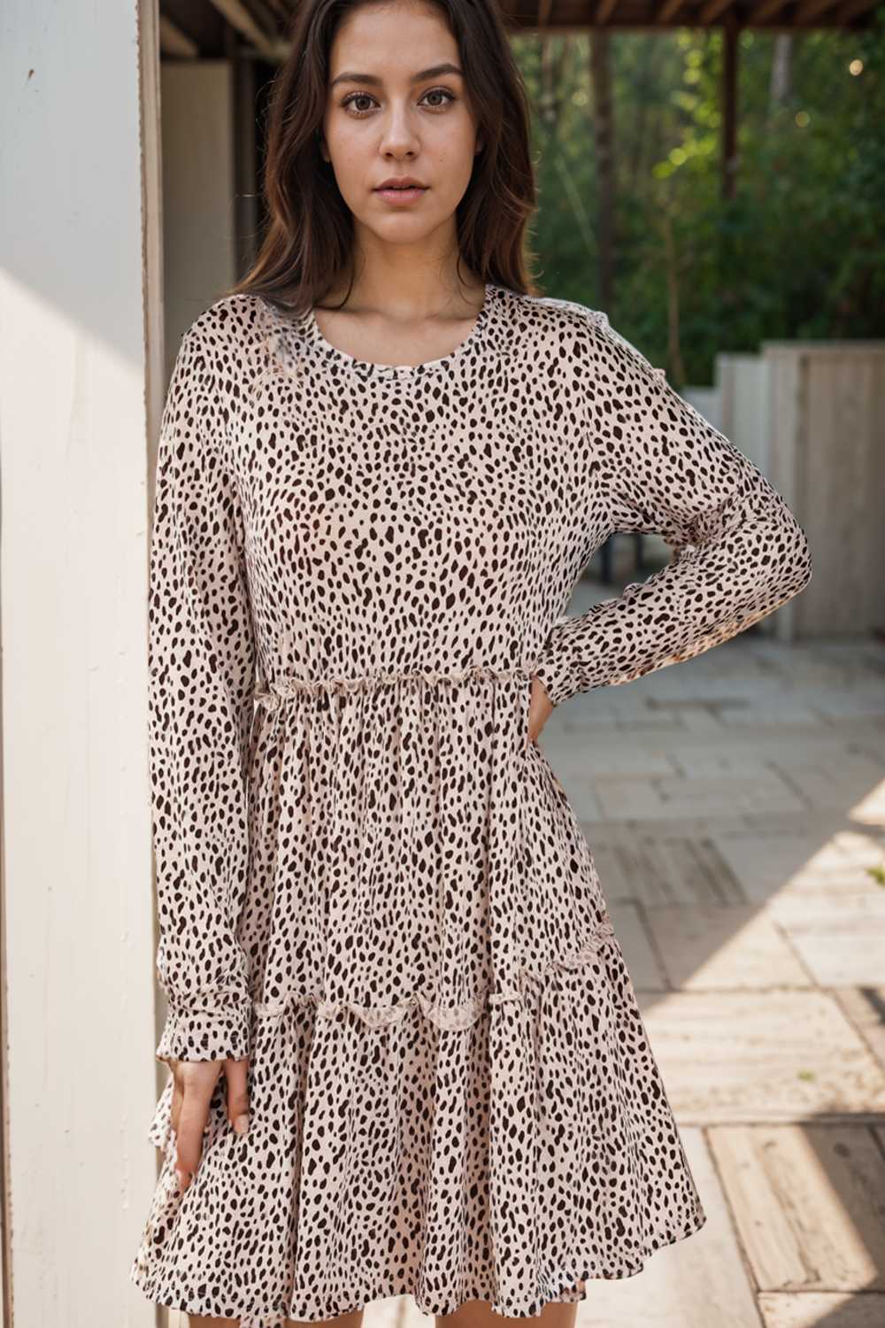 loose leopard print v neck dress drop shoulder a line closed cape paneled 132928